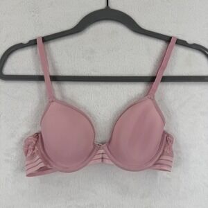 Adore Me 32C Lightly Lined Demi Bra Pink Lace Trim Comfortable Everyday Lingerie